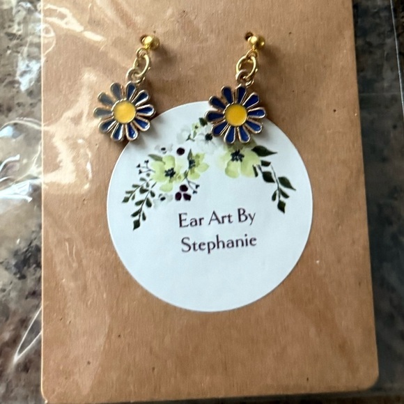 NEW Boutique Ear Art by Stephanie Floral Earrings, Yellow and Blue - Picture 2 of 3